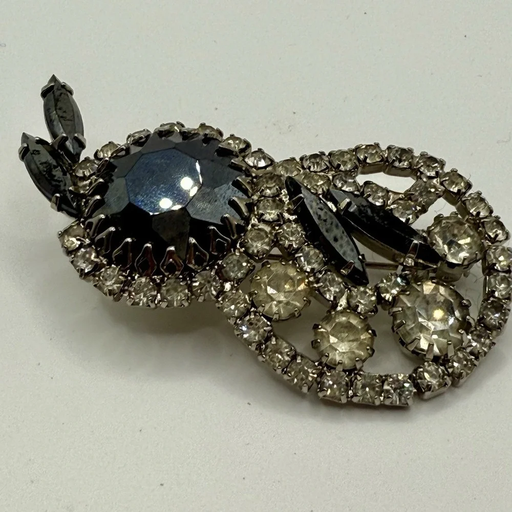 Vintage Black Rhinestone Brooch Silver Tone Clear Crystals Mid Century